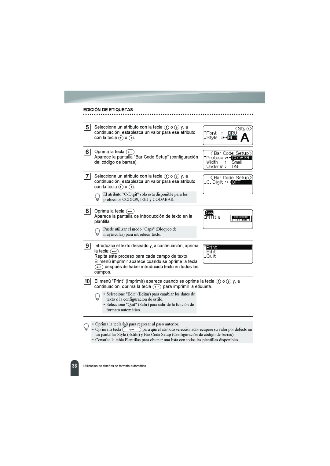 Brother PT-18R manual Edición DE Etiquetas 