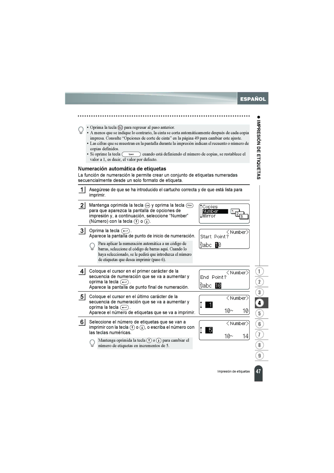 Brother PT-18R manual Numeración automática de etiquetas 