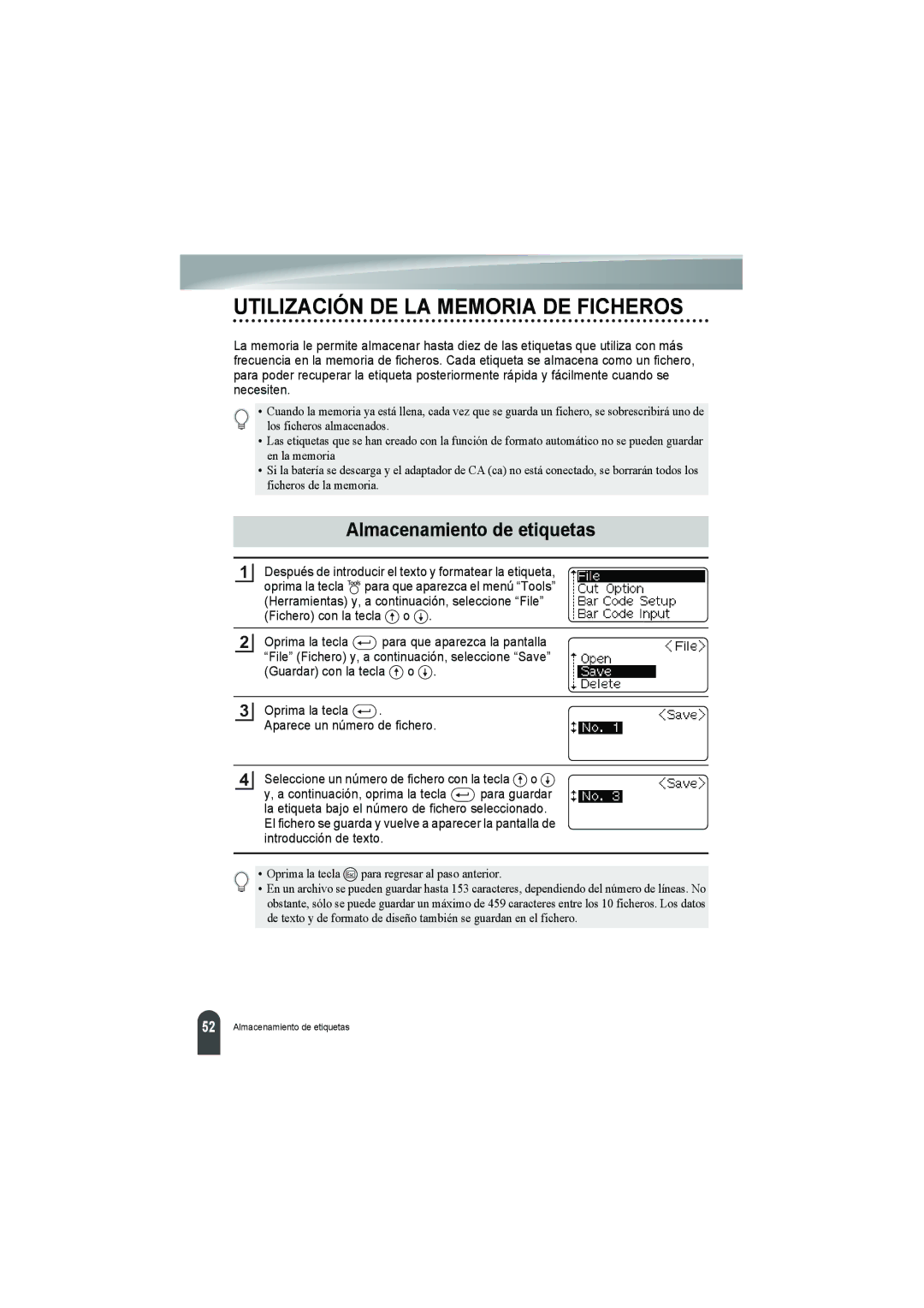 Brother PT-18R manual Utilización DE LA Memoria DE Ficheros, Almacenamiento de etiquetas 