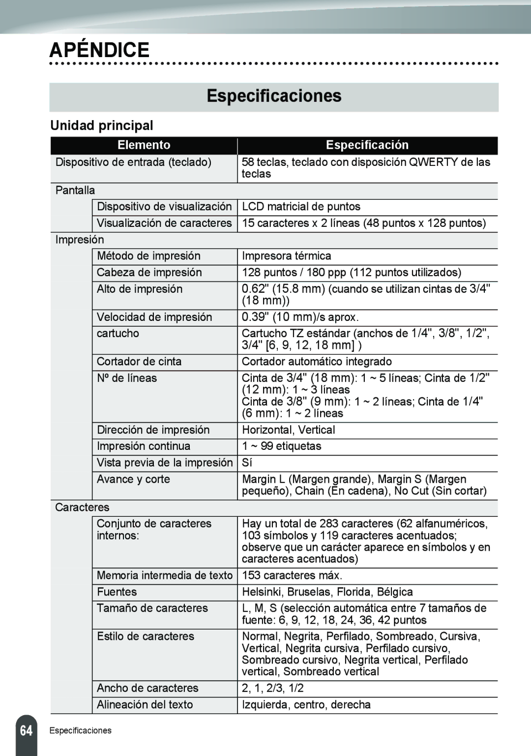 Brother PT-18R manual Especificaciones, Unidad principal 