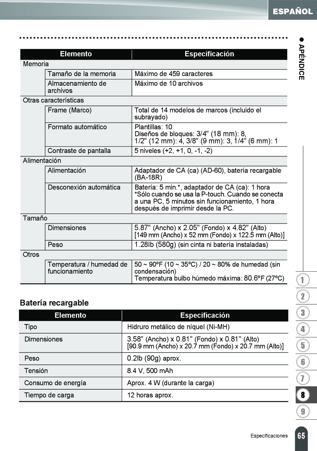 Brother PT-18R manual Batería recargable, Apéndice 