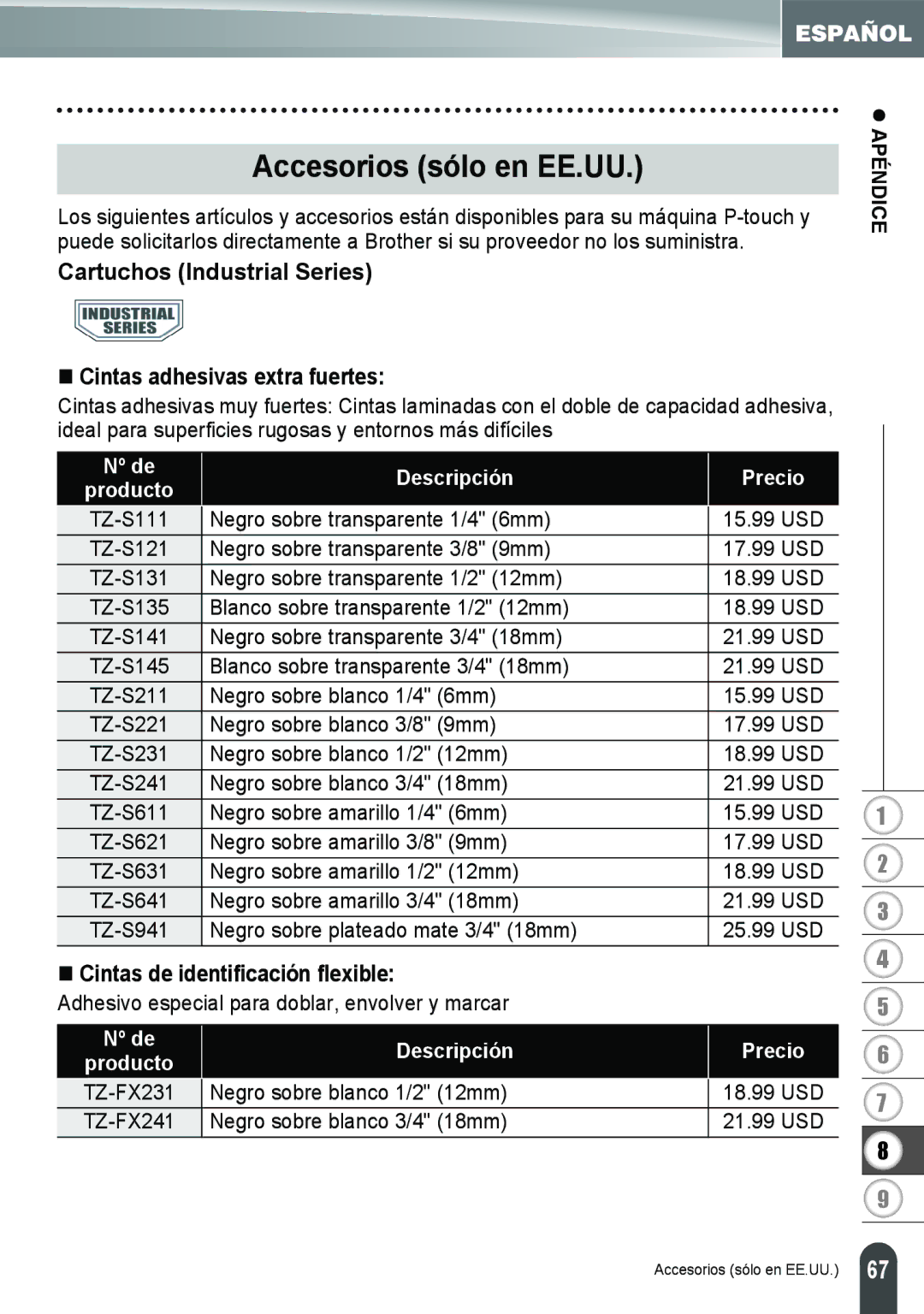 Brother PT-18R manual Accesorios sólo en EE.UU, Cartuchos Industrial Series 