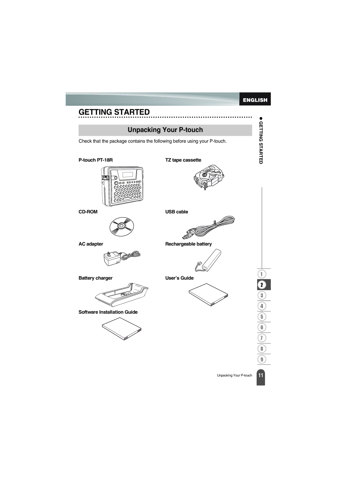 Brother manual Unpacking Your P-touch, Touch PT-18R, USB cable, Software Installation Guide 