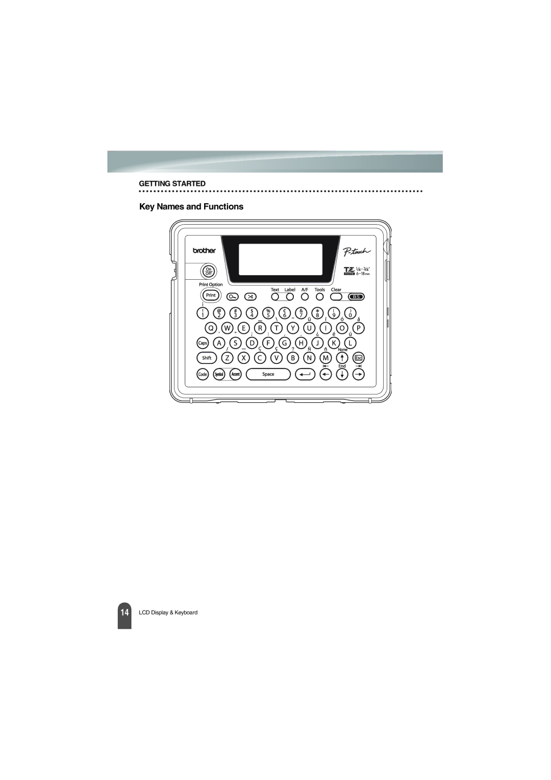 Brother PT-18R manual Key Names and Functions 