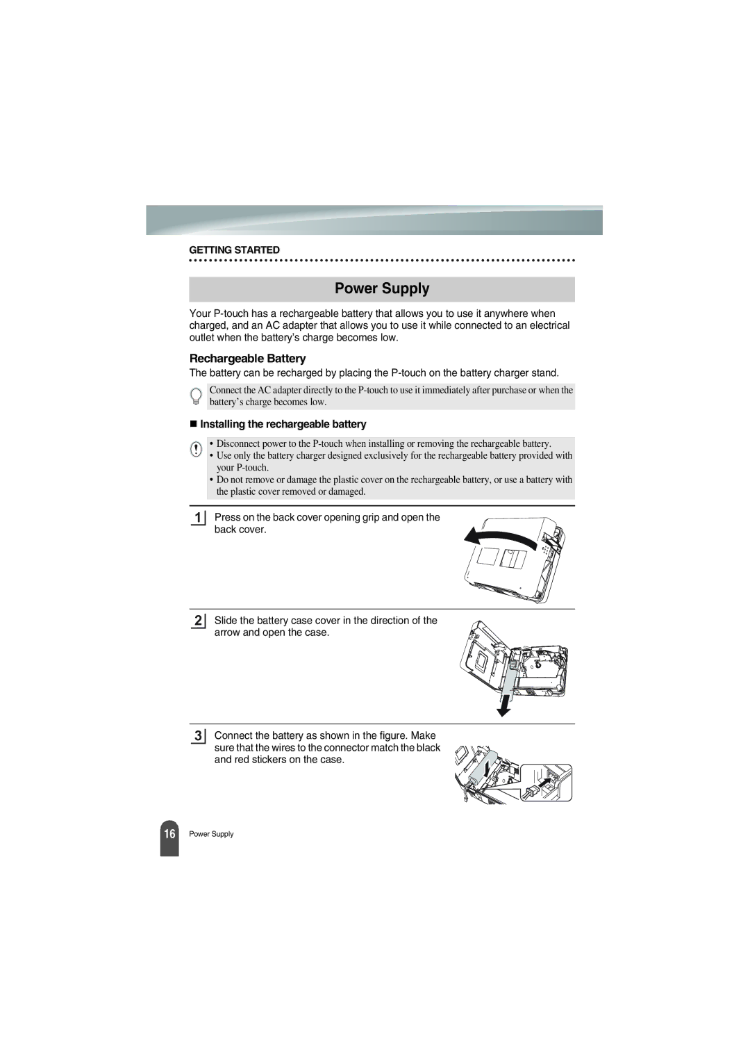 Brother PT-18R manual Power Supply, Rechargeable Battery, Installing the rechargeable battery 