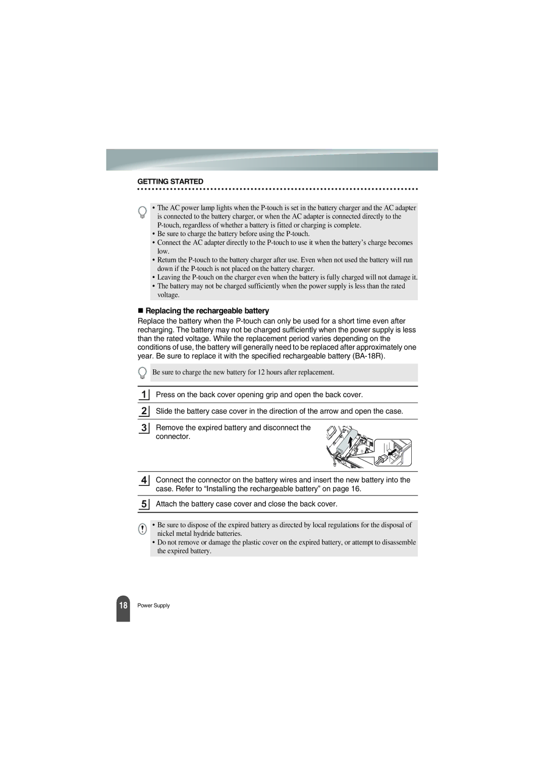 Brother PT-18R manual Replacing the rechargeable battery 