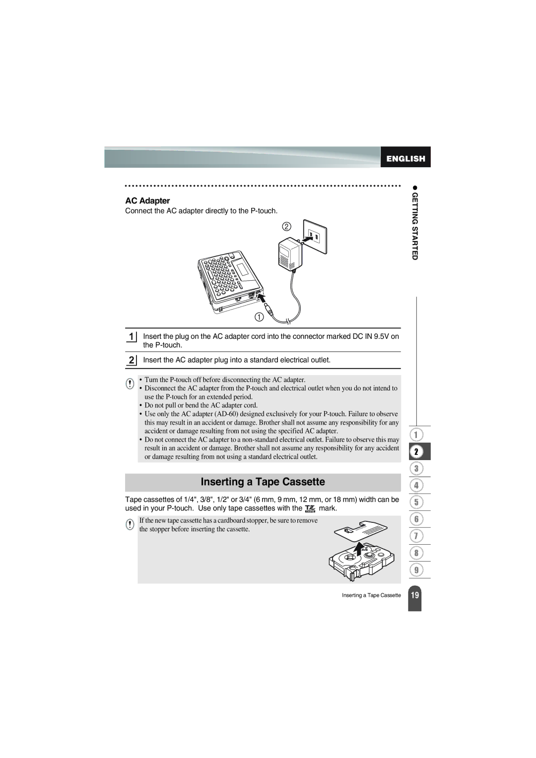 Brother PT-18R manual Inserting a Tape Cassette, AC Adapter 