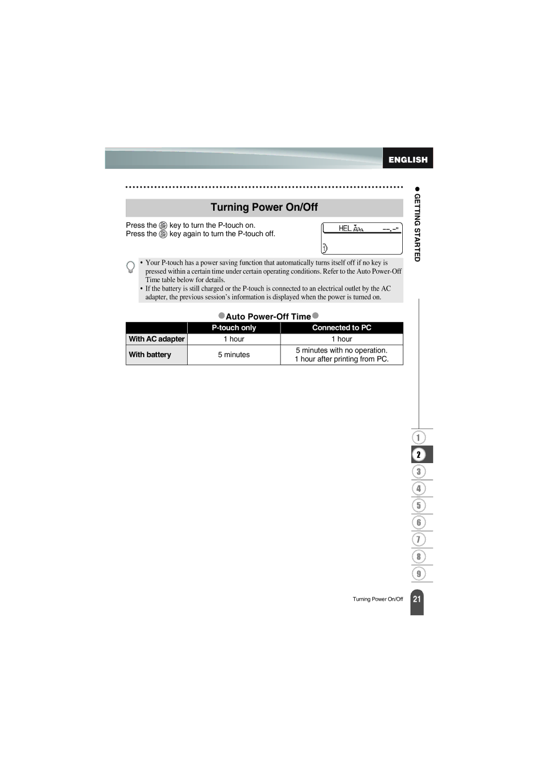 Brother PT-18R manual Turning Power On/Off, Auto Power-Off Time, With battery 