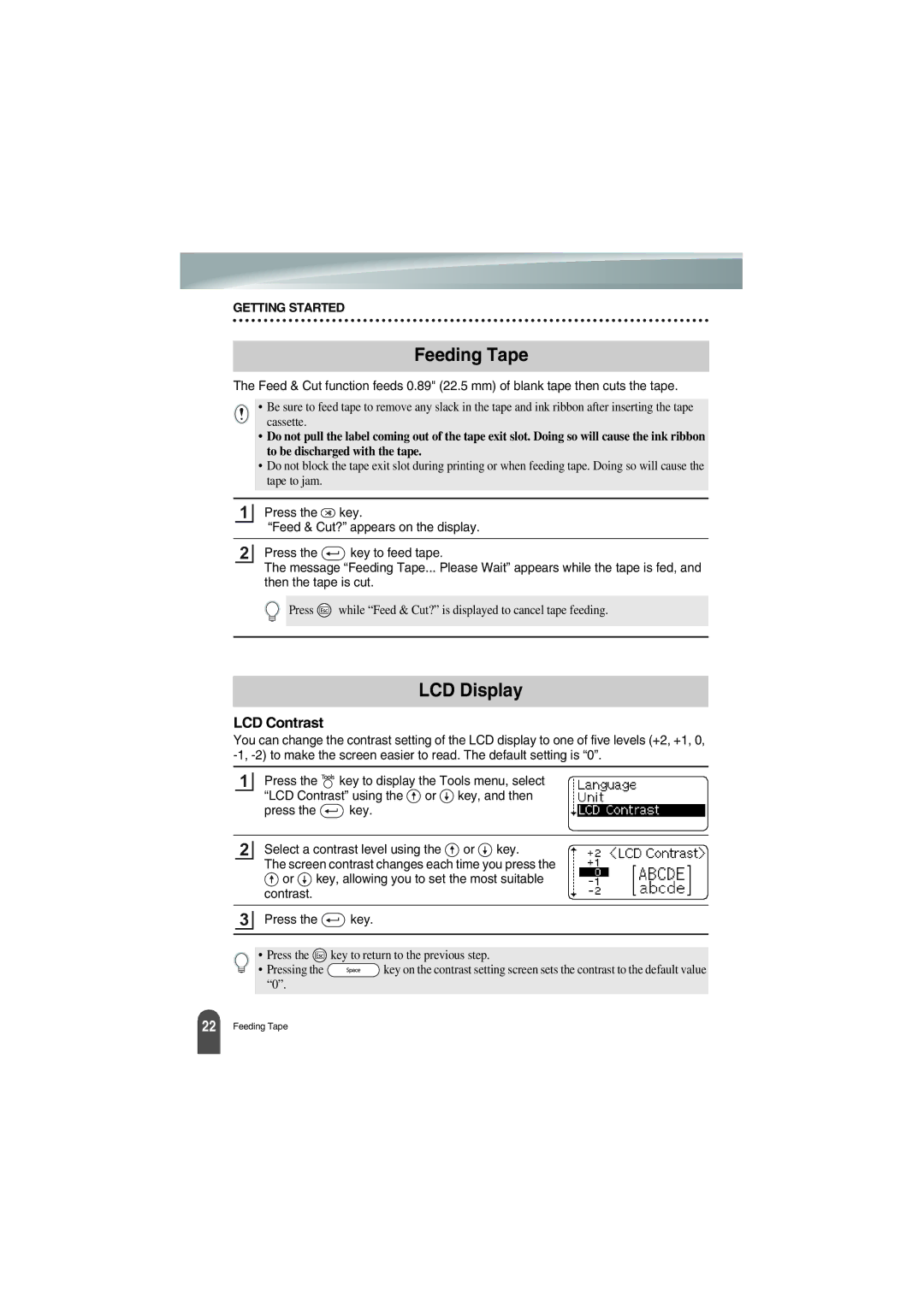 Brother PT-18R manual Feeding Tape, LCD Display, LCD Contrast 