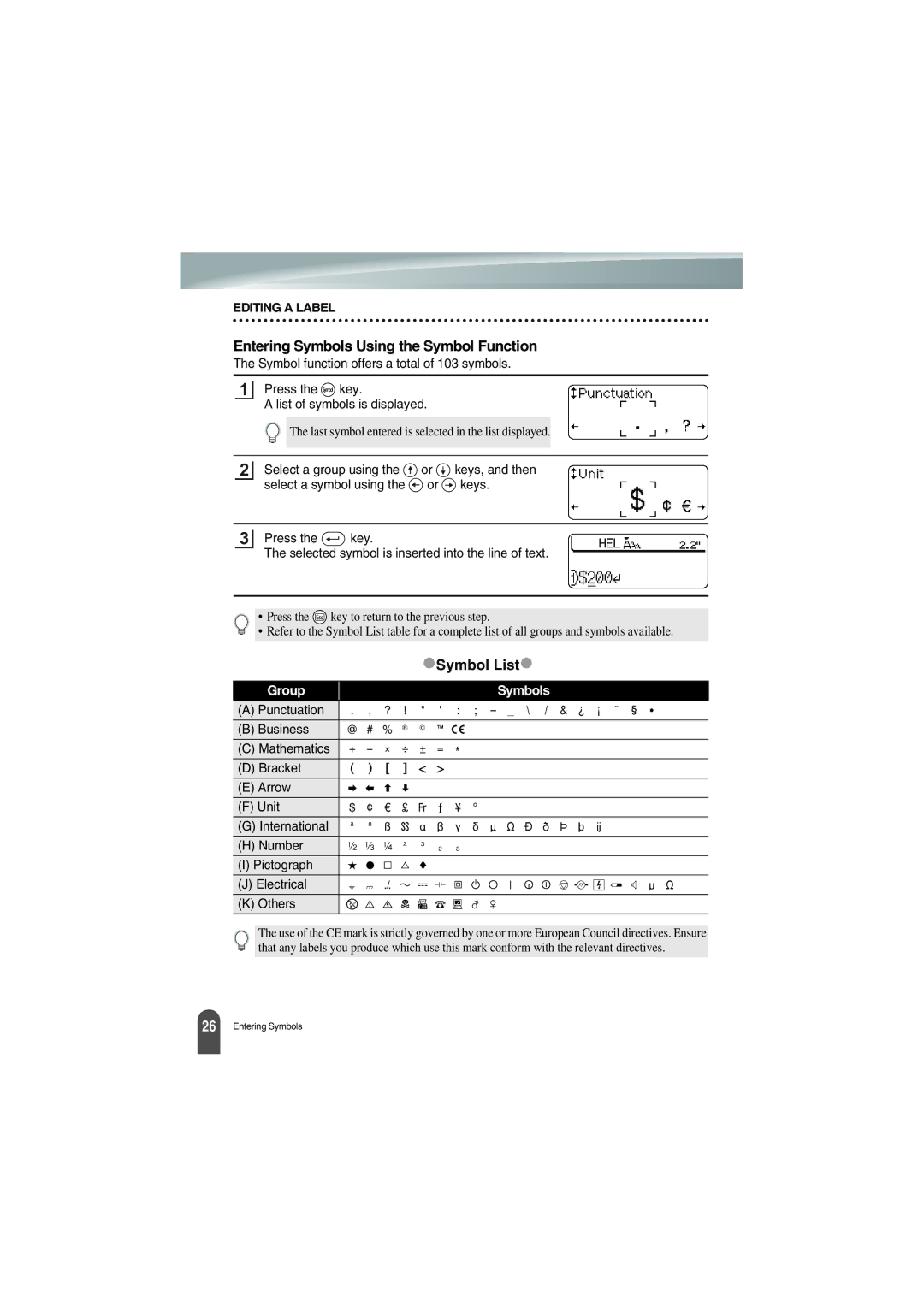 Brother PT-18R manual Entering Symbols Using the Symbol Function, Symbol List 