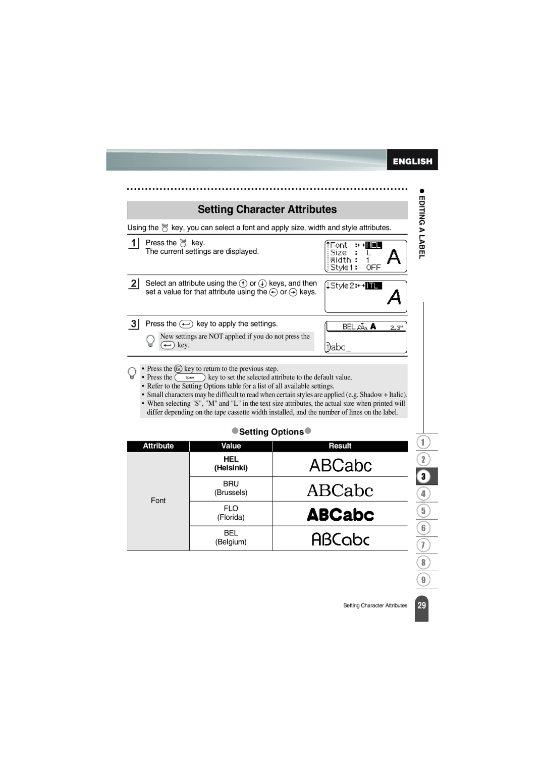 Brother PT-18R manual Setting Character Attributes, Setting Options 