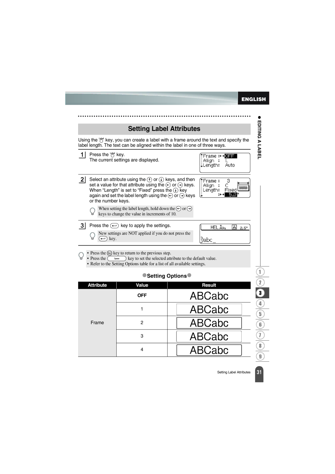 Brother PT-18R manual Setting Label Attributes 