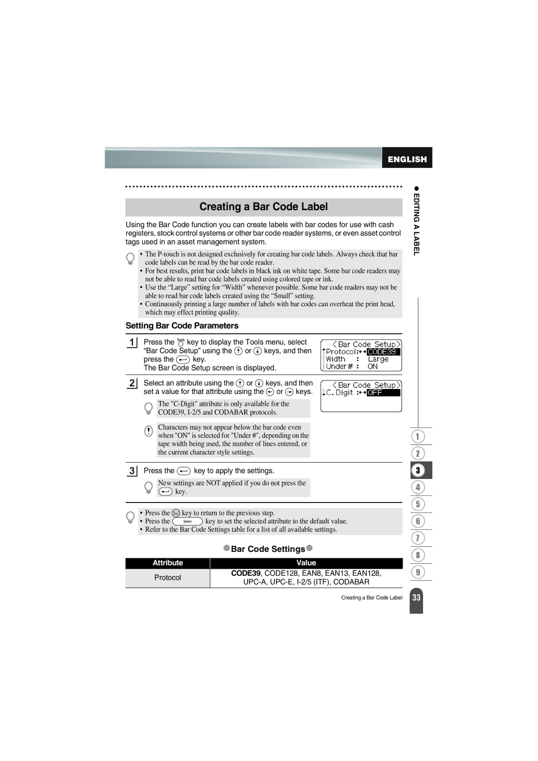 Brother PT-18R manual Creating a Bar Code Label, Setting Bar Code Parameters, Bar Code Settings 