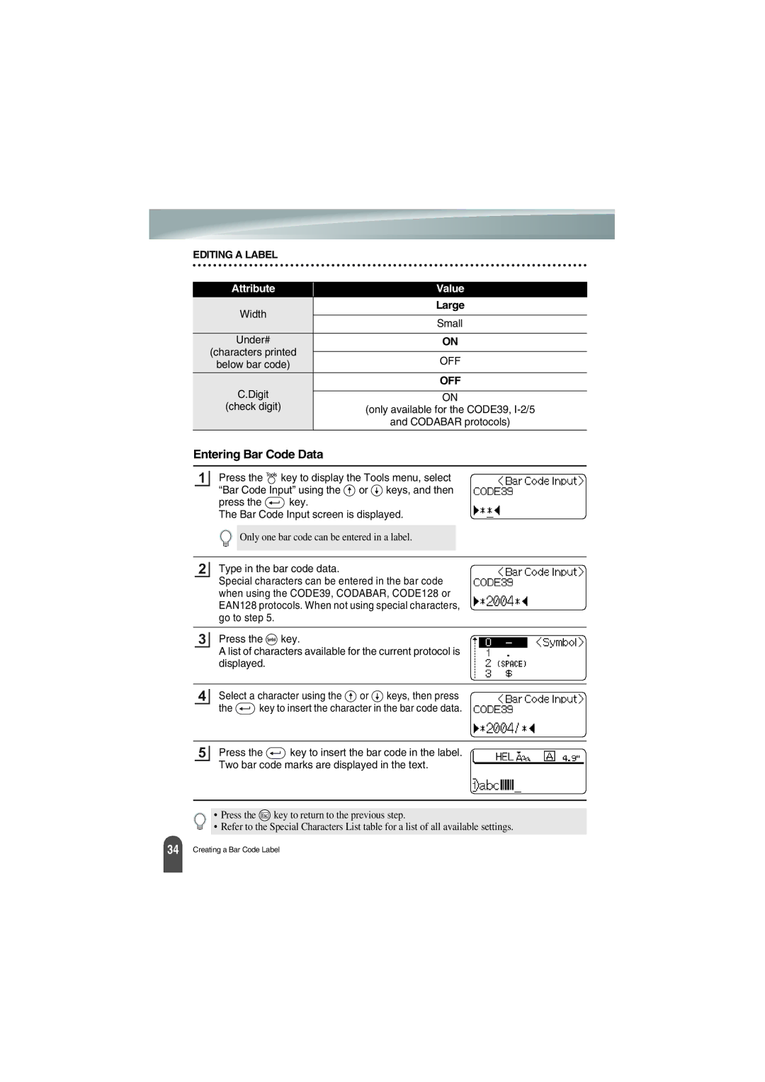 Brother PT-18R manual Entering Bar Code Data, Large 