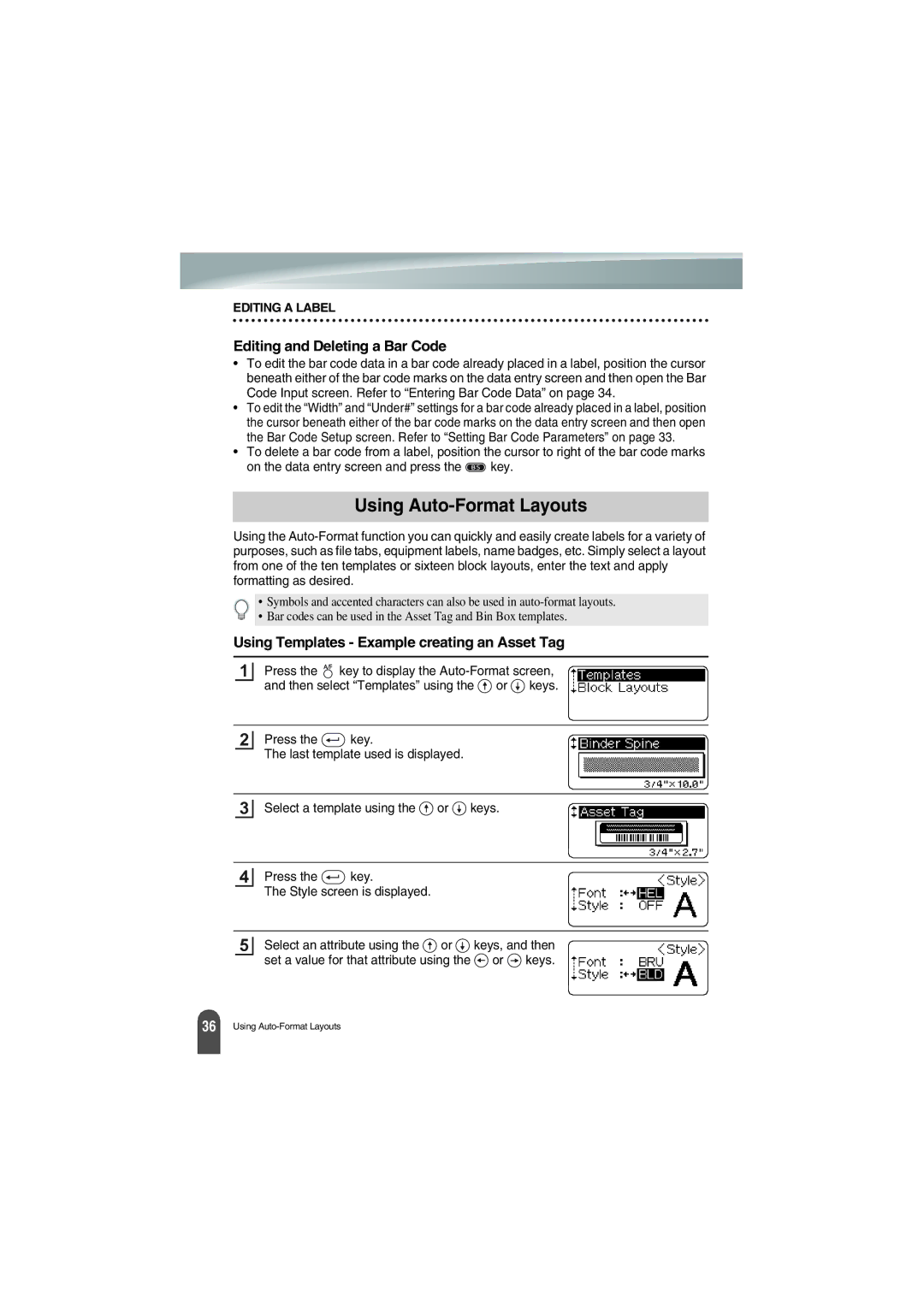 Brother PT-18R Using Auto-Format Layouts, Editing and Deleting a Bar Code, Using Templates Example creating an Asset Tag 