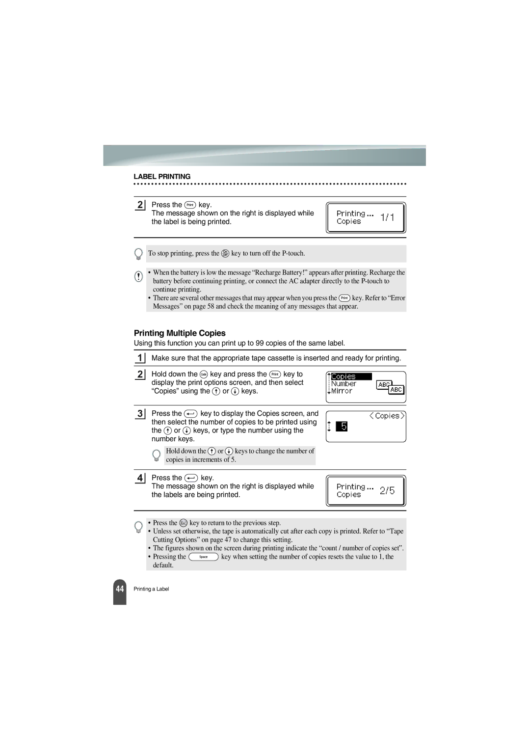 Brother PT-18R manual Printing Multiple Copies 