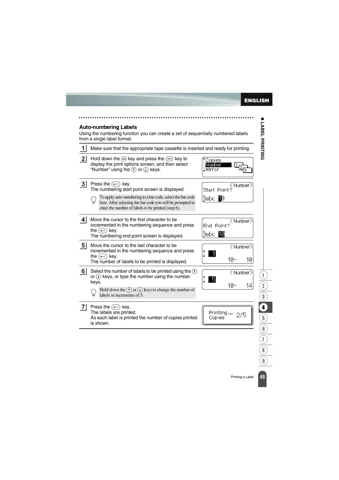 Brother PT-18R manual Auto-numbering Labels 