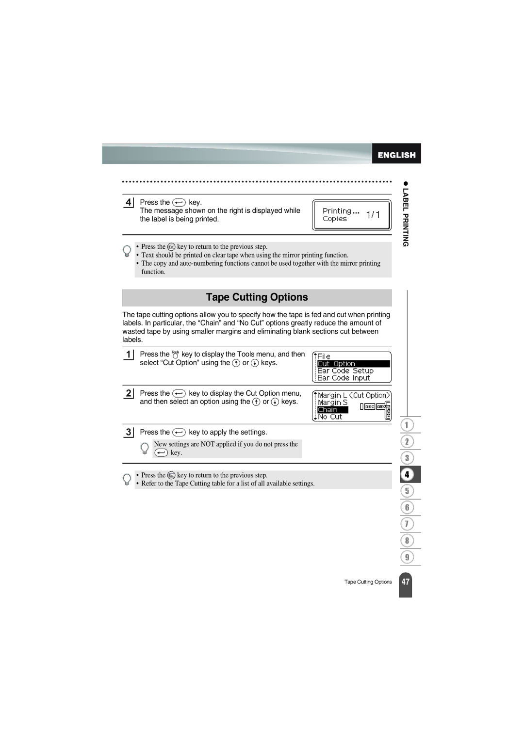 Brother PT-18R manual Tape Cutting Options 