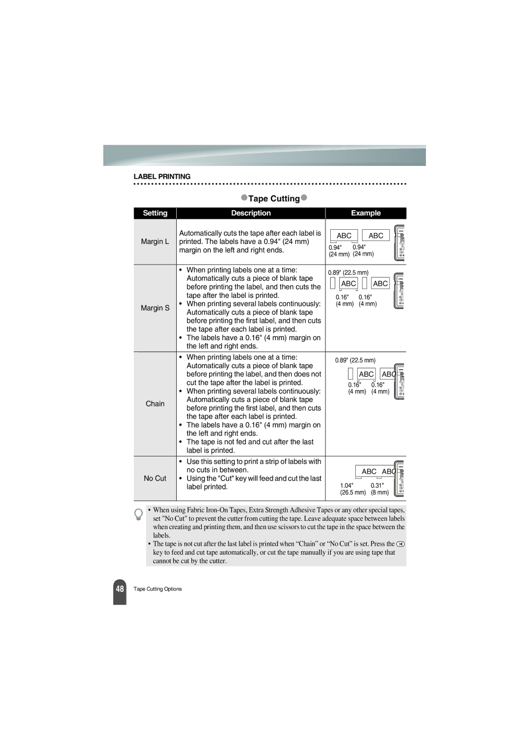 Brother PT-18R manual Tape Cutting, Description Example 