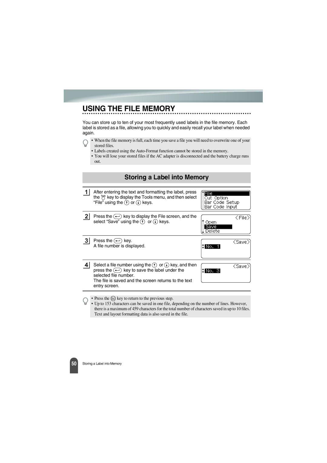 Brother PT-18R manual Using the File Memory, Storing a Label into Memory 