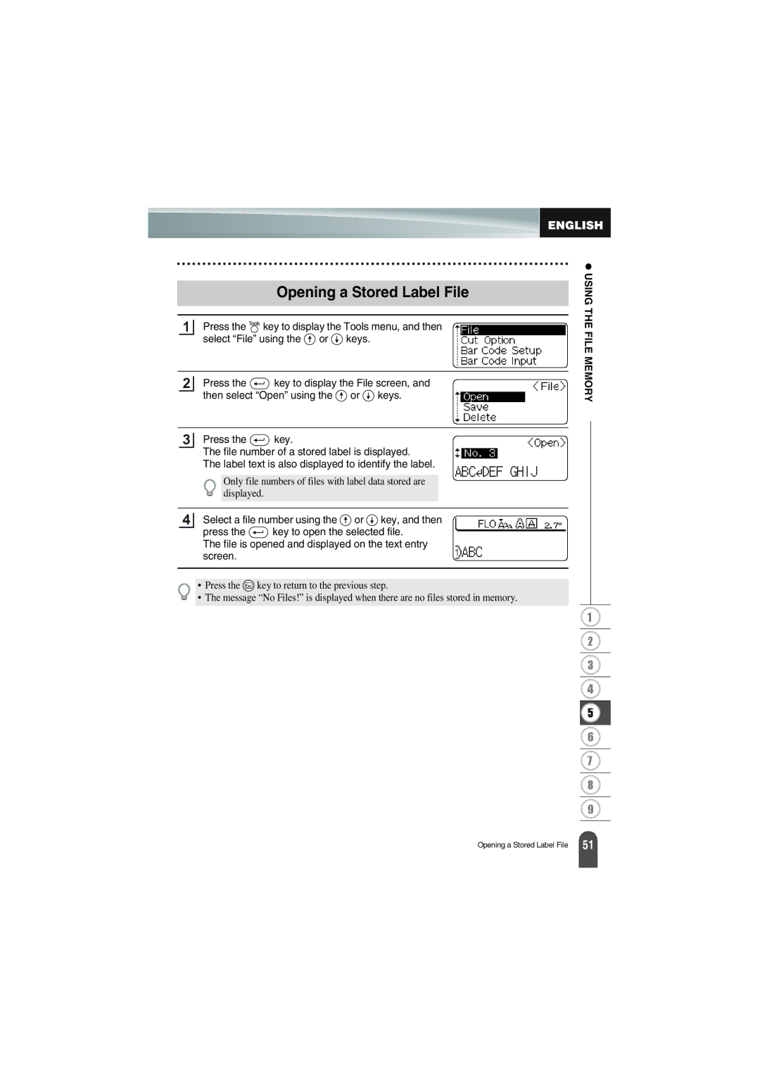 Brother PT-18R manual Opening a Stored Label File 