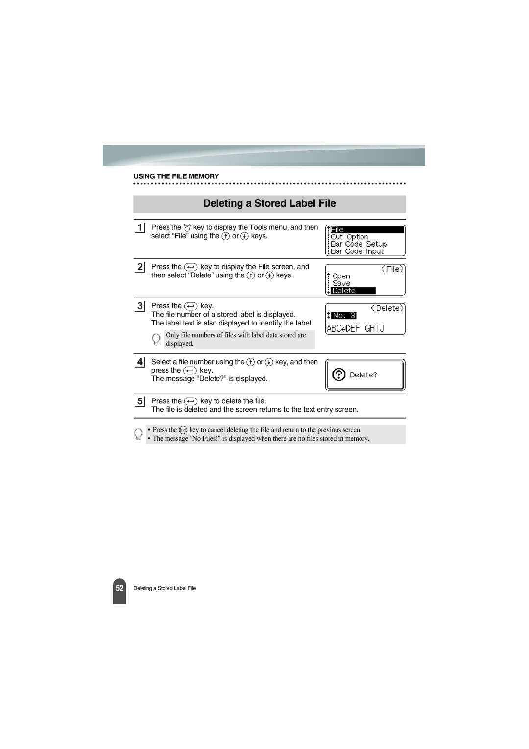 Brother PT-18R manual Deleting a Stored Label File 