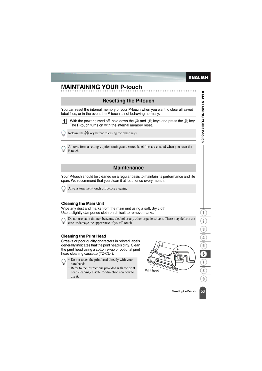 Brother PT-18R manual Resetting the P-touch, Maintenance, Cleaning the Main Unit, Cleaning the Print Head 