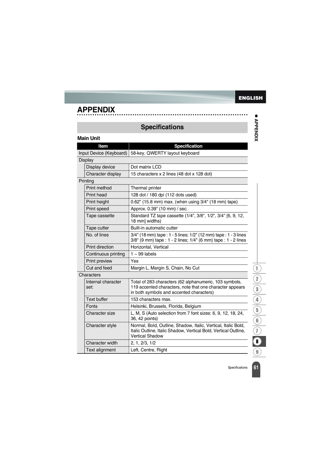 Brother PT-18R manual Specifications, Main Unit 