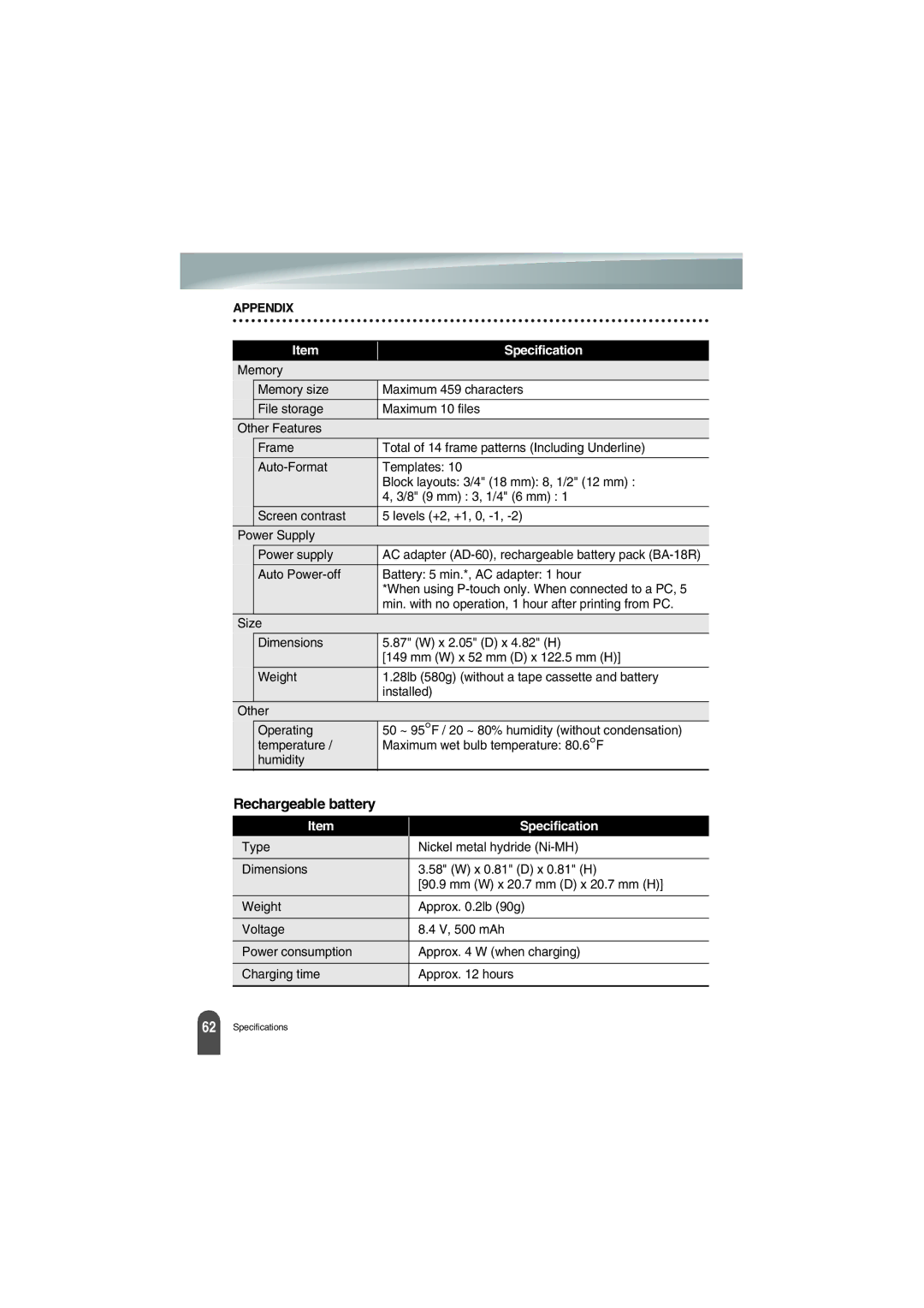 Brother PT-18R manual Rechargeable battery 