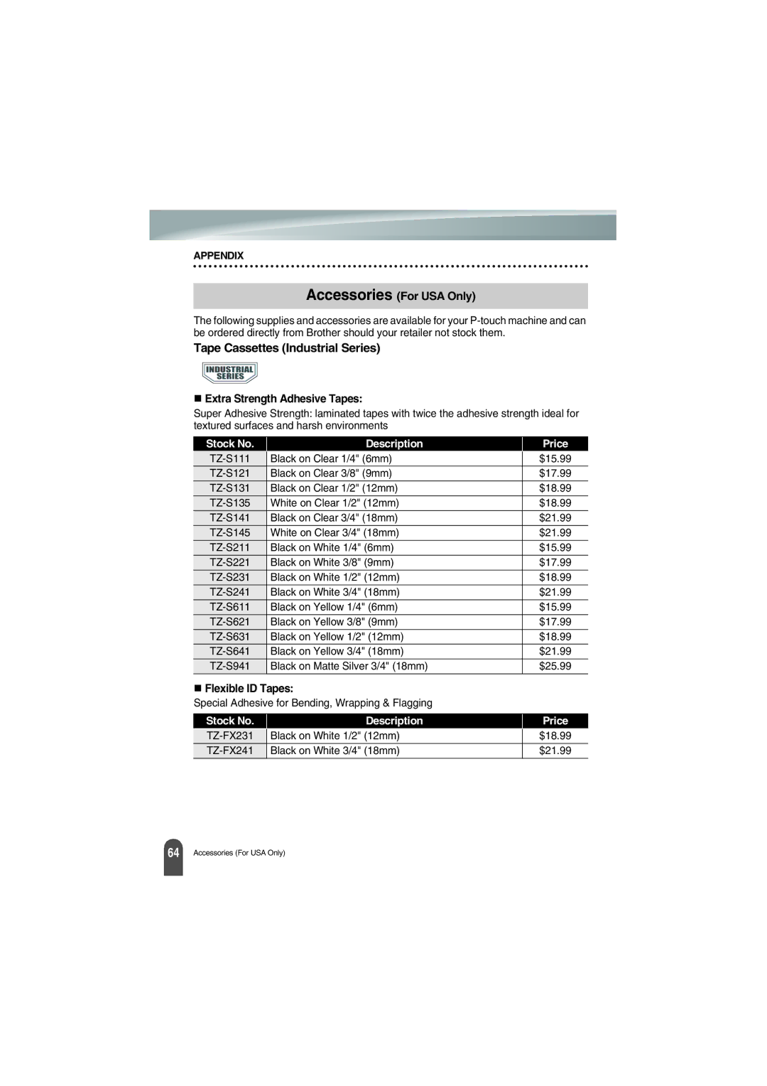 Brother PT-18R manual Accessories For USA Only, Flexible ID Tapes 