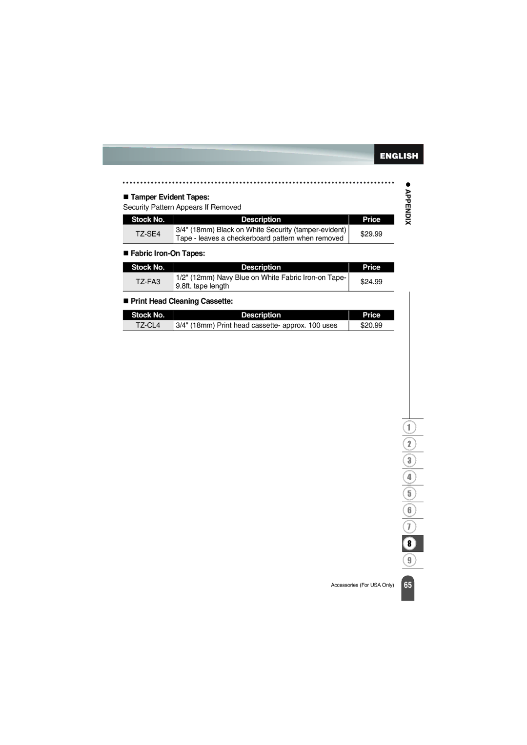 Brother PT-18R manual Tamper Evident Tapes, Fabric Iron-On Tapes 