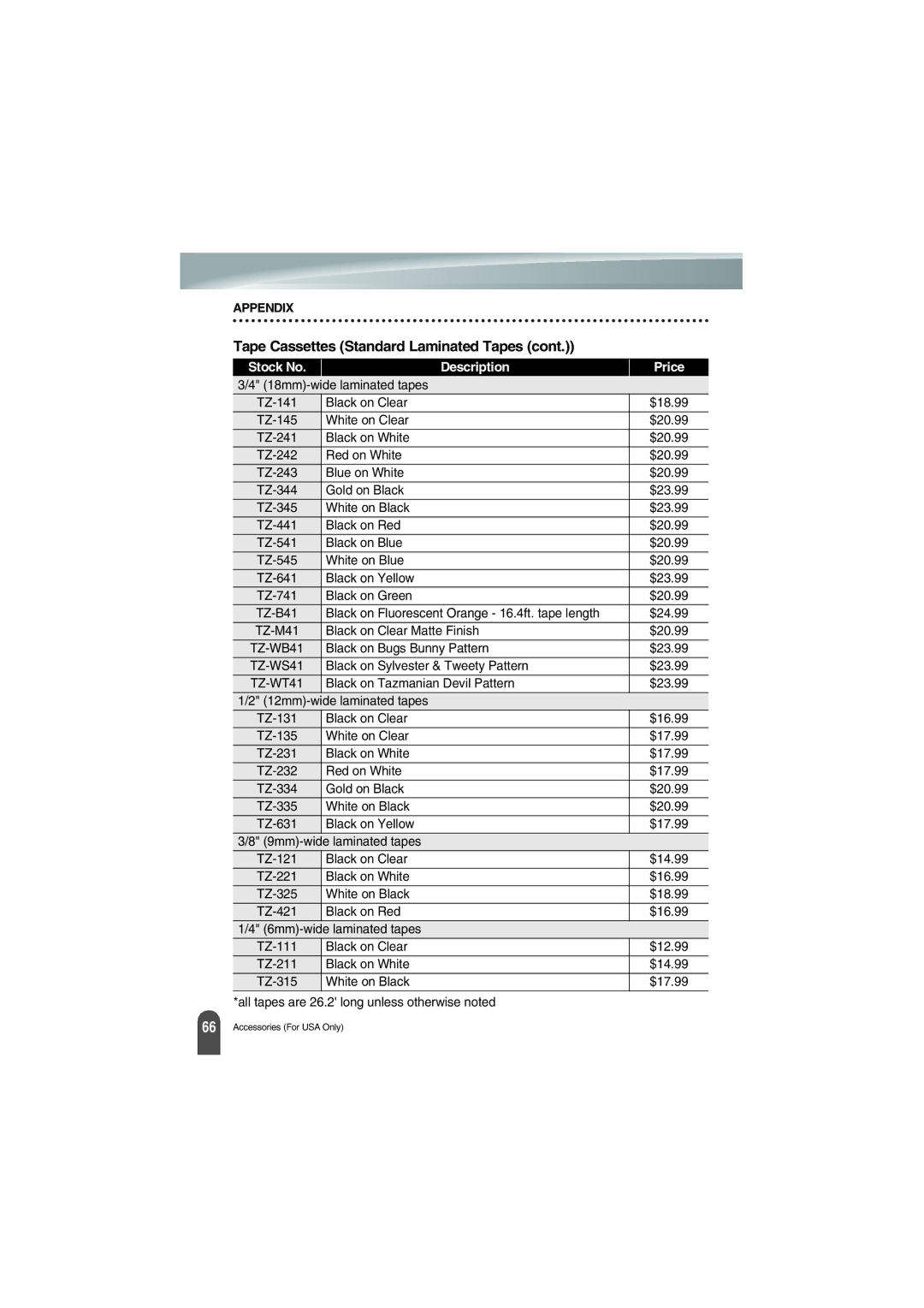 Brother PT-18R manual Tape Cassettes Standard Laminated Tapes, TZ-WT41 