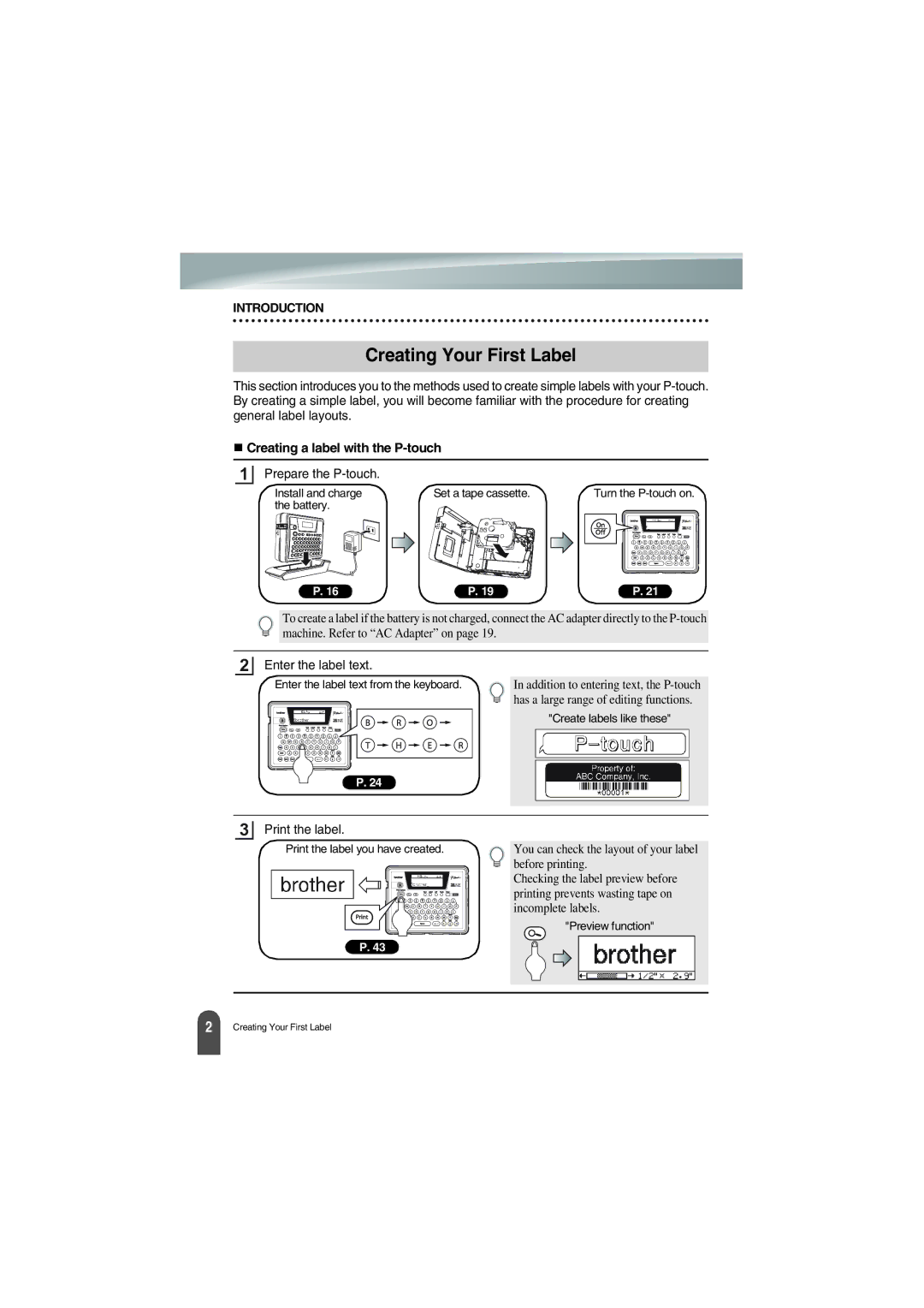 Brother PT-18R manual Creating Your First Label, Creating a label with the P-touch 