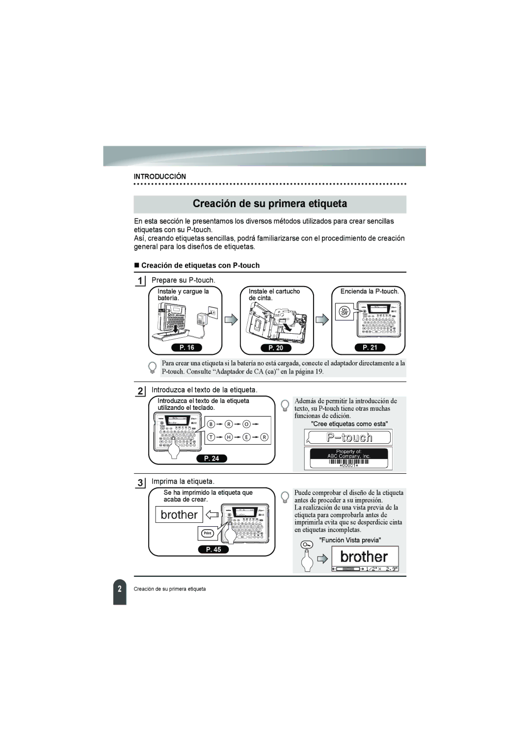 Brother PT-18R manual Creación de su primera etiqueta, „ Creación de etiquetas con P-touch 