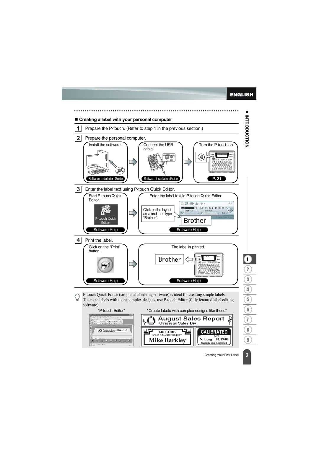 Brother PT-18R manual Creating a label with your personal computer, Enter the label text using P-touch Quick Editor 