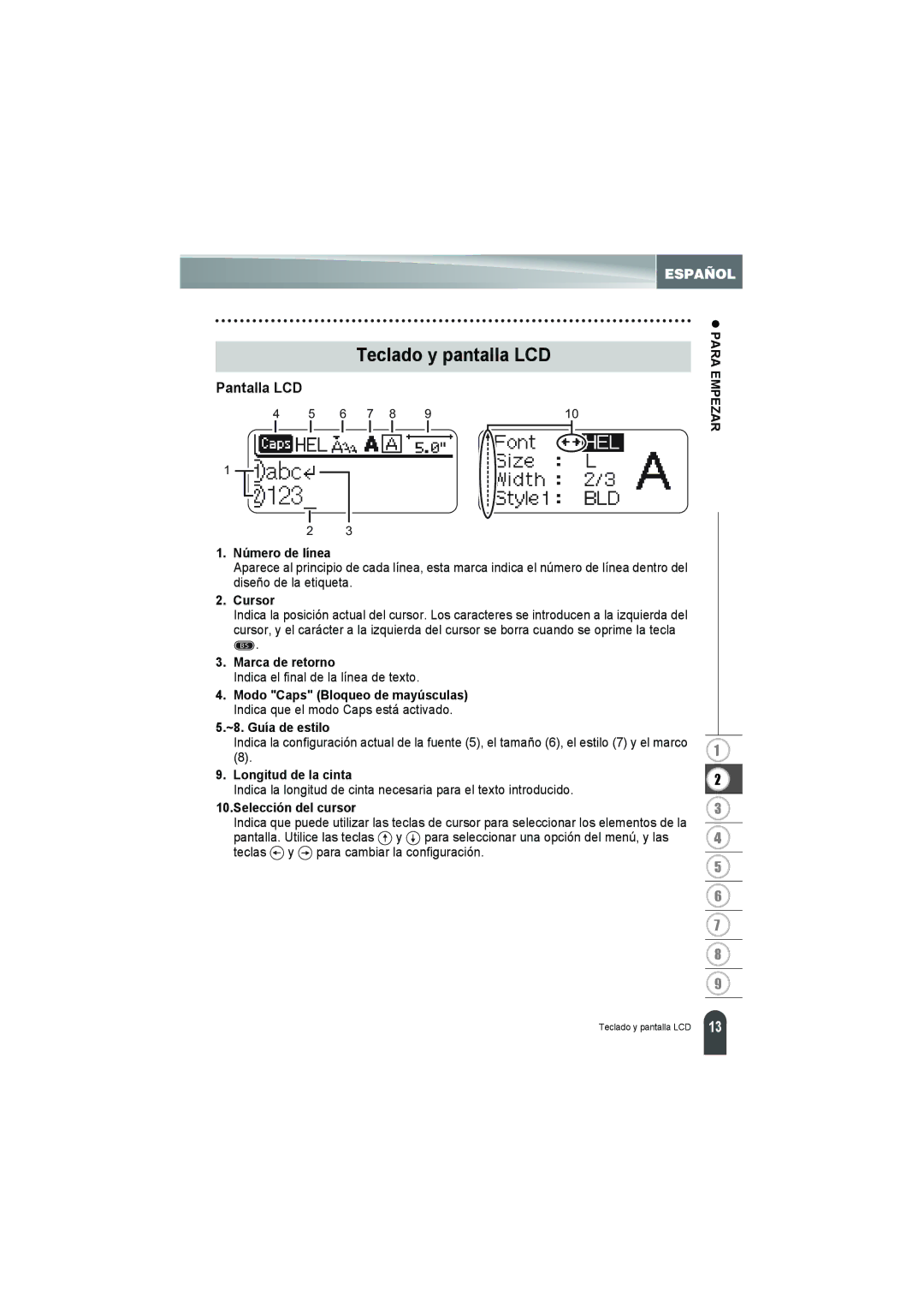 Brother PT-18R manual Teclado y pantalla LCD, Pantalla LCD 