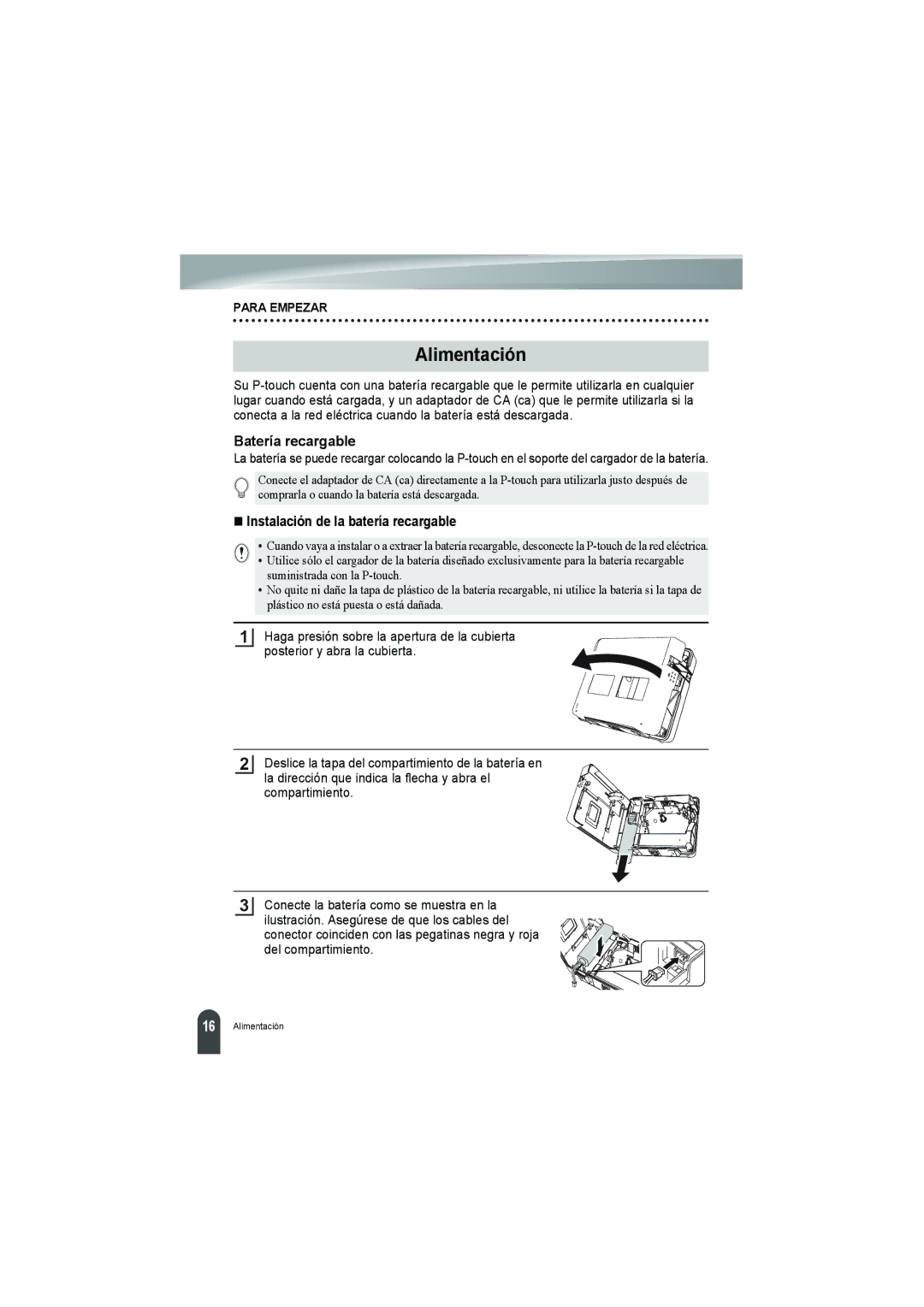 Brother PT-18R manual Alimentación, Batería recargable 