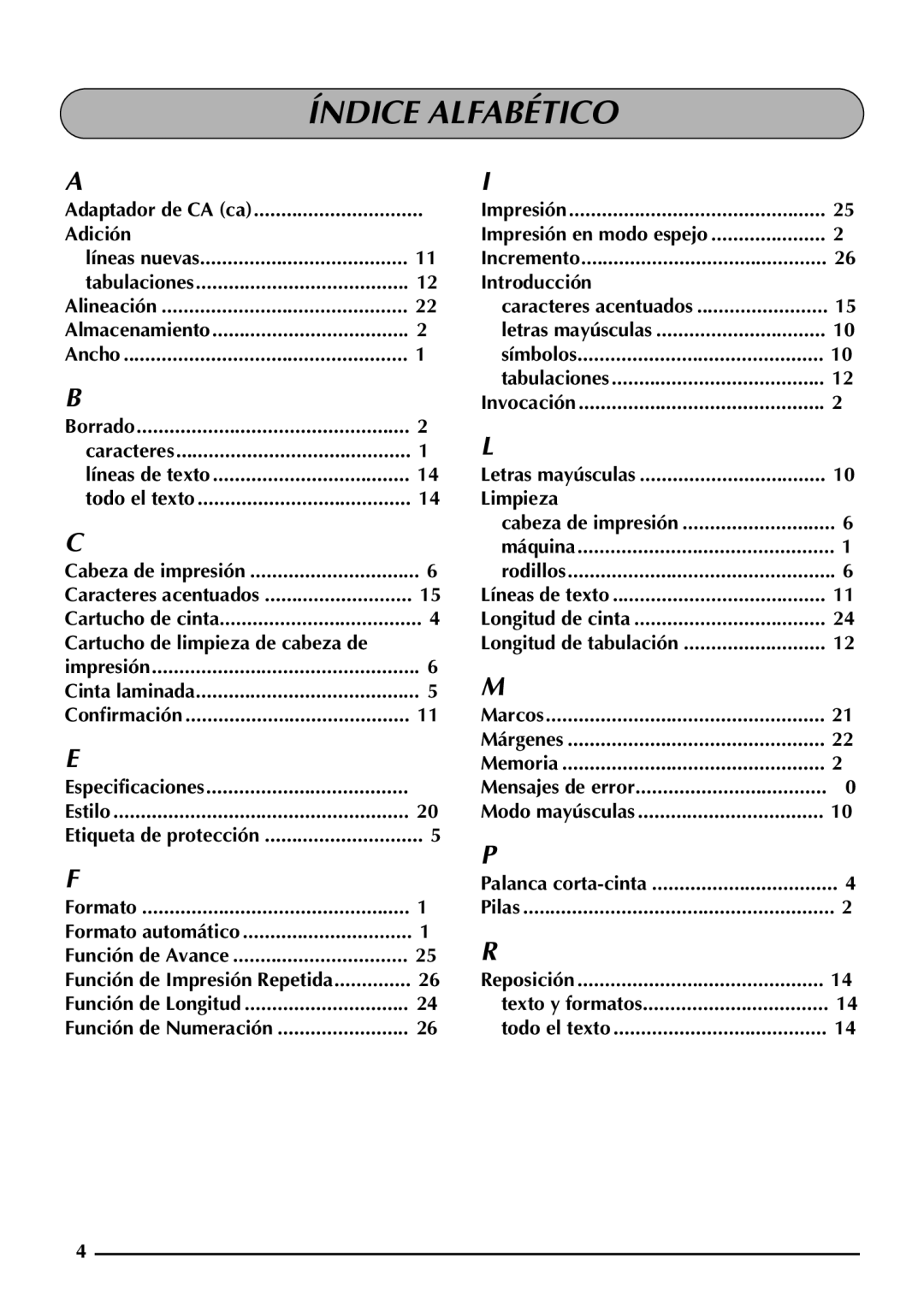 Brother PT-1960, PT-1950 manual Índice Alfabético, Adición 