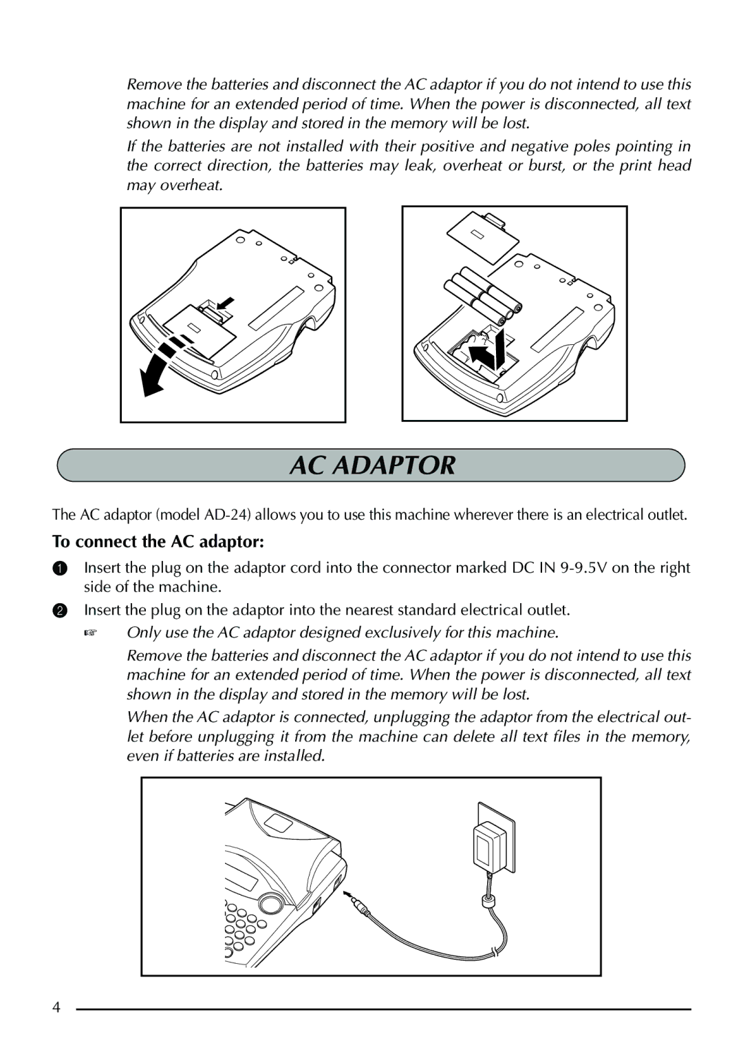 Brother PT-1960, PT-1950 manual AC Adaptor, To connect the AC adaptor 