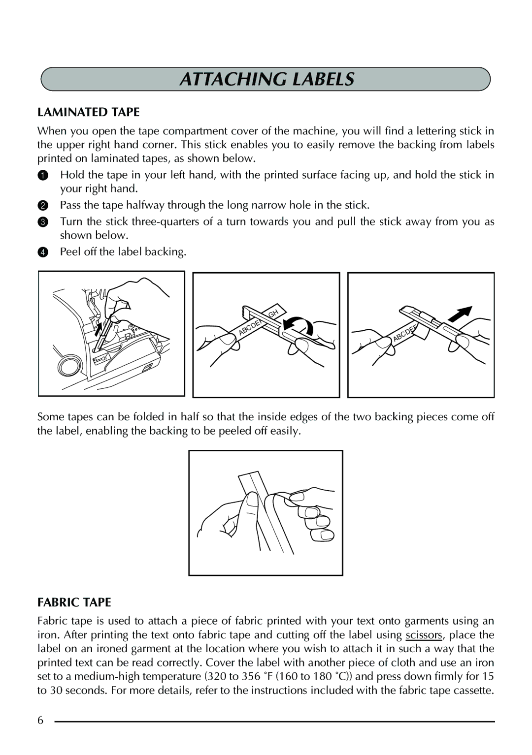 Brother PT-1960, PT-1950 manual Attaching Labels, Laminated Tape, Fabric Tape 