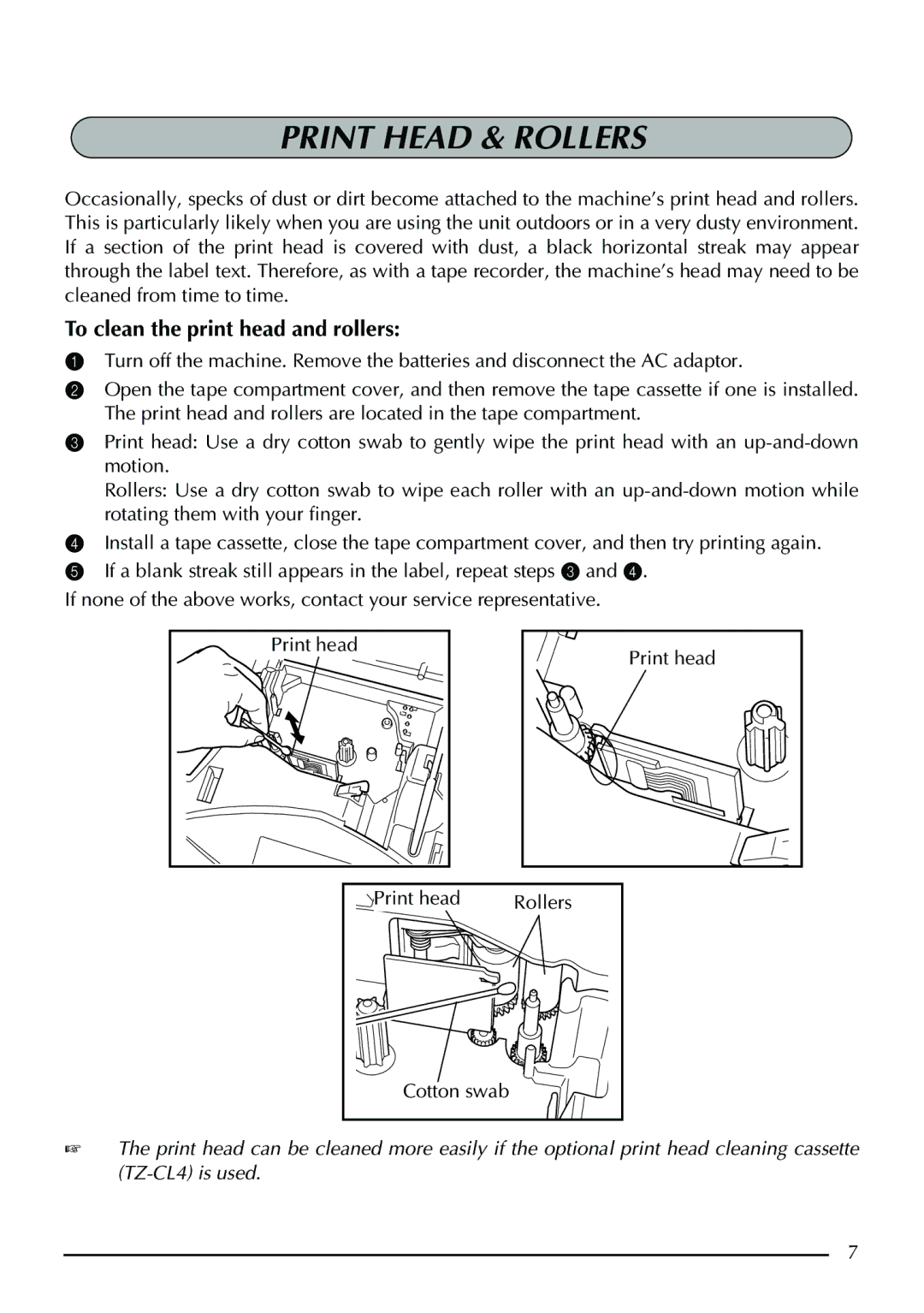 Brother PT-1950, PT-1960 manual Print Head & Rollers, To clean the print head and rollers 