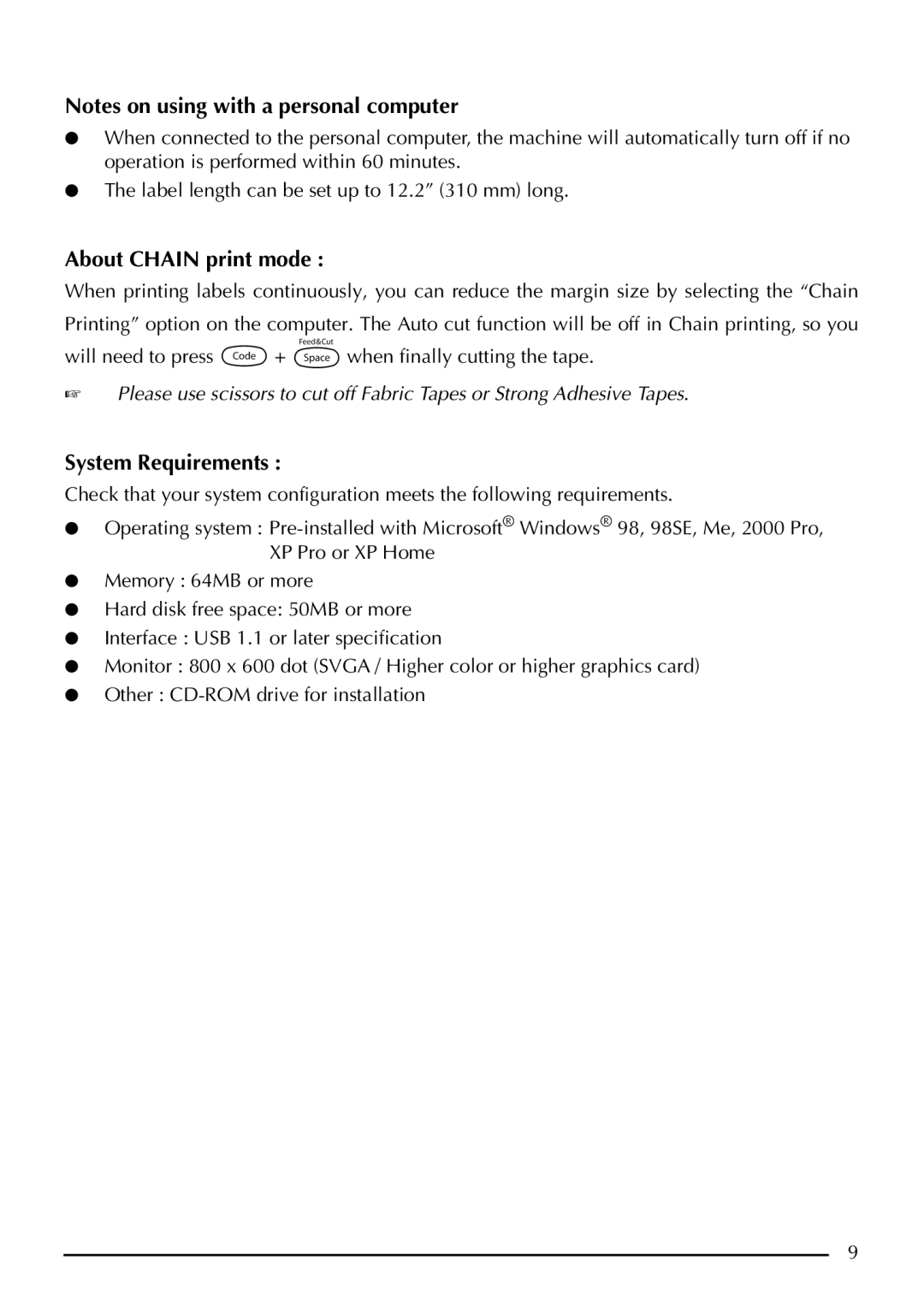 Brother PT-1950, PT-1960 manual About Chain print mode, System Requirements 