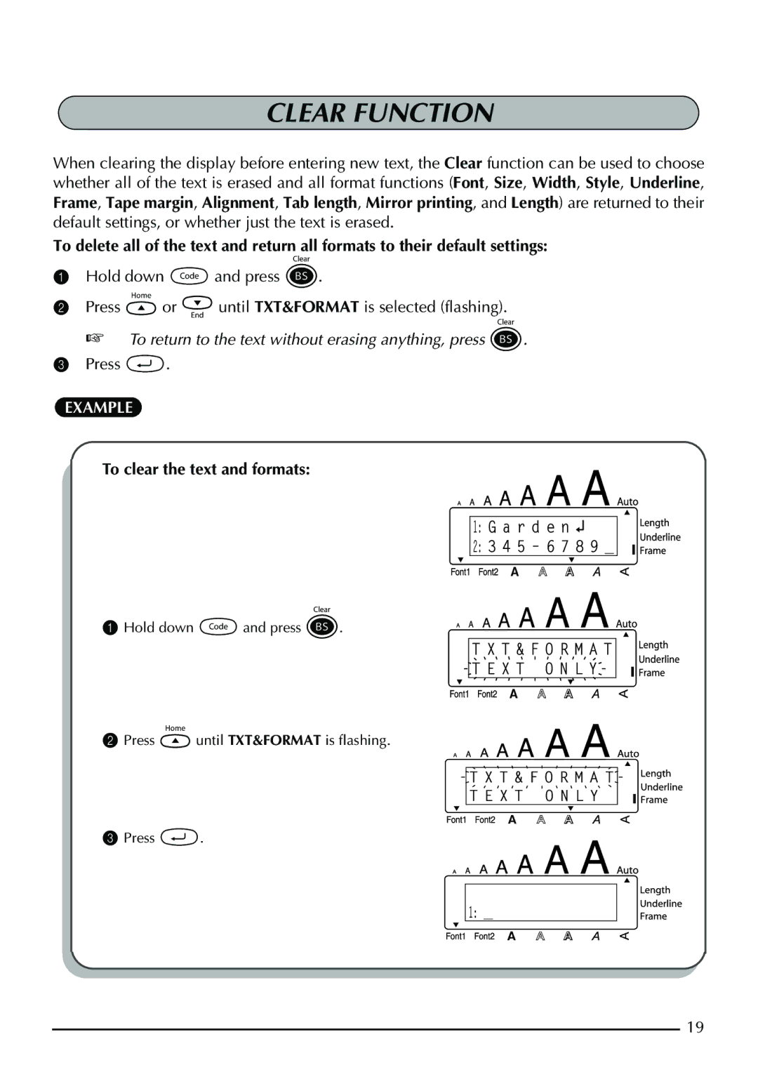 Brother PT-1950, PT-1960 manual Clear Function, To clear the text and formats 