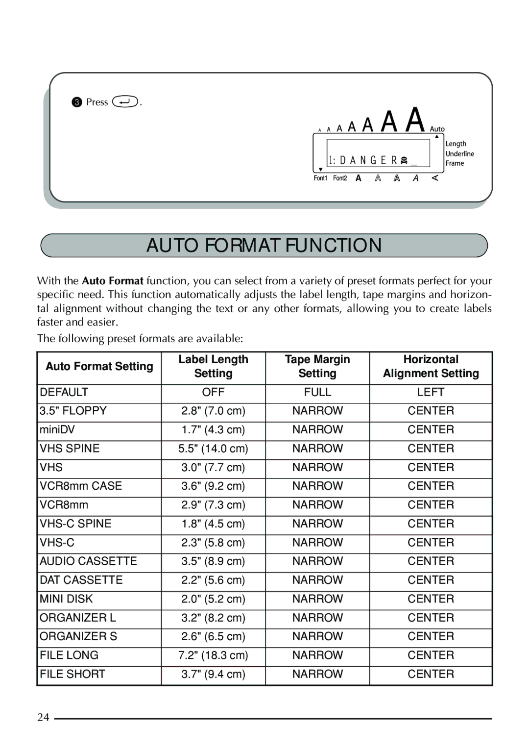 Brother PT-1960, PT-1950 manual Auto Format Function 