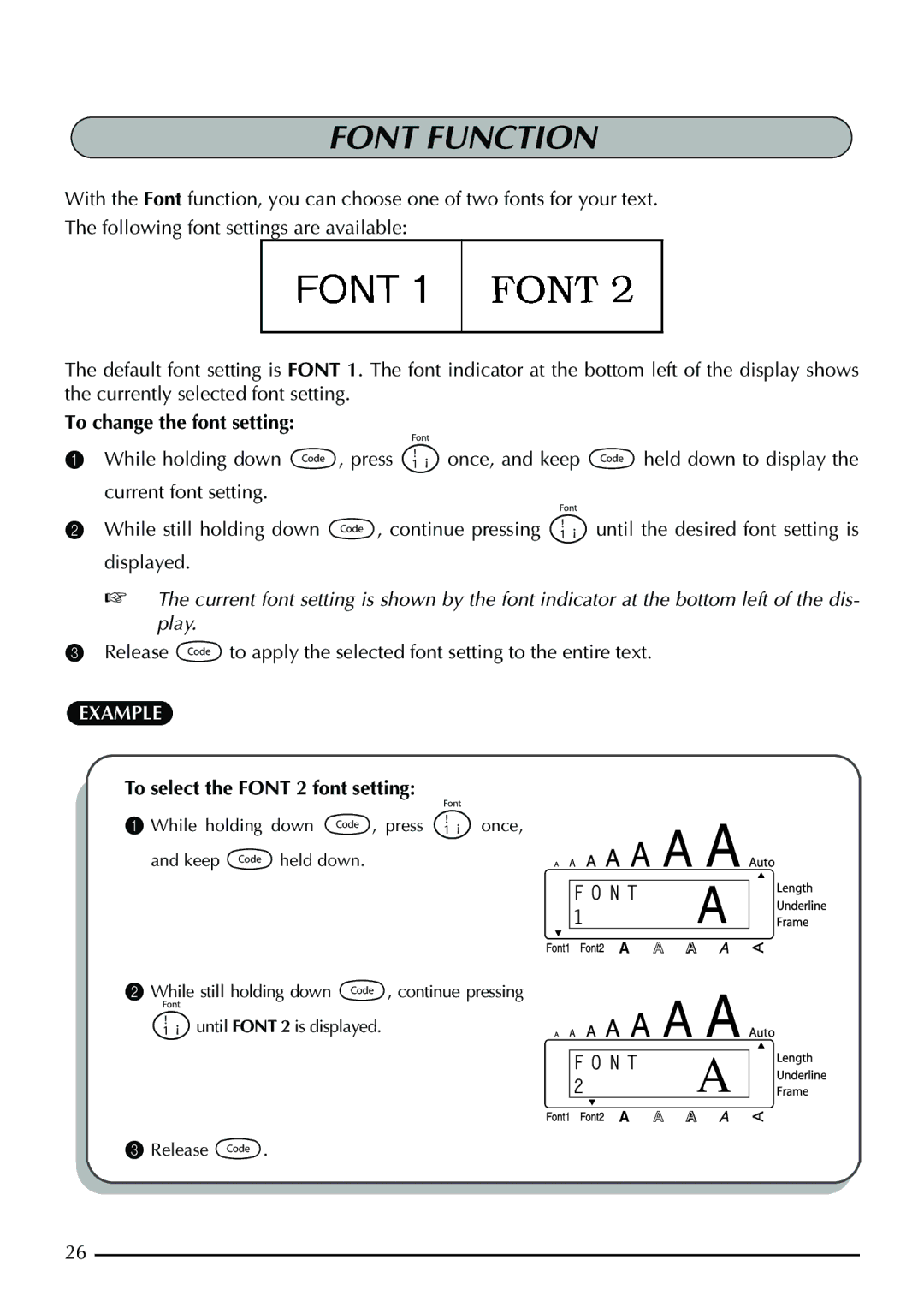 Brother PT-1960, PT-1950 manual Font Function, To change the font setting, To select the Font 2 font setting 