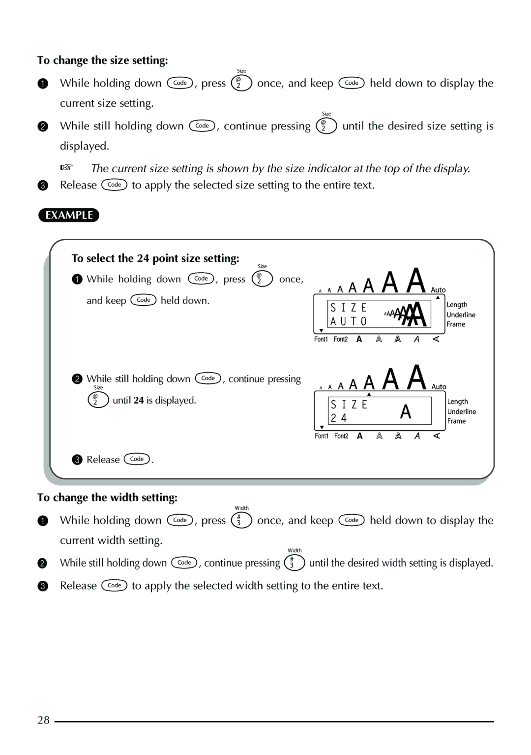 Brother PT-1960, PT-1950 manual To change the size setting, To select the 24 point size setting, To change the width setting 