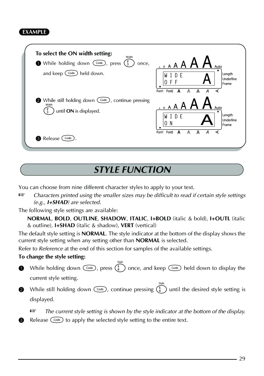 Brother PT-1950, PT-1960 manual Style Function, To select the on width setting, To change the style setting 