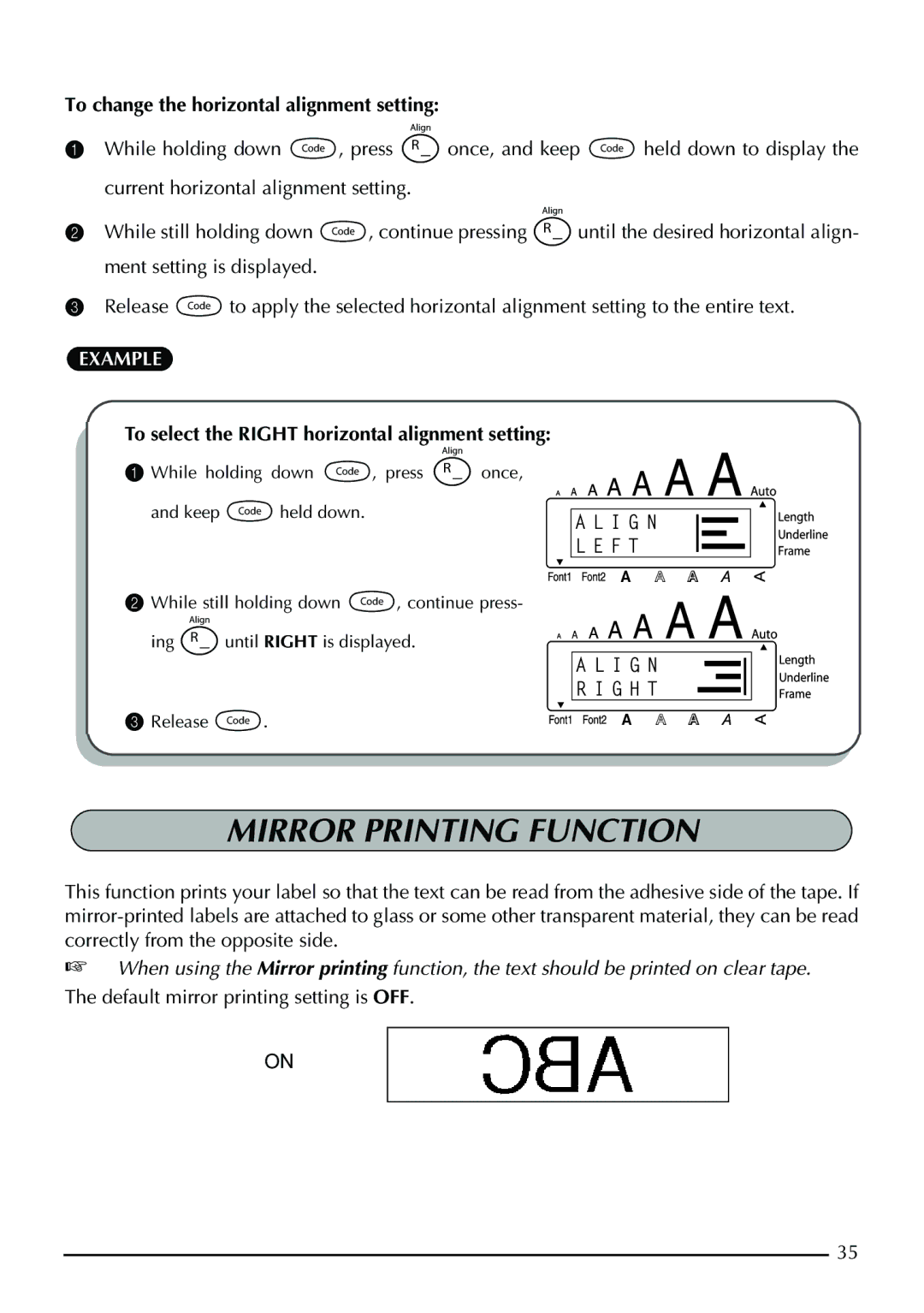 Brother PT-1950, PT-1960 manual Mirror Printing Function, To change the horizontal alignment setting 