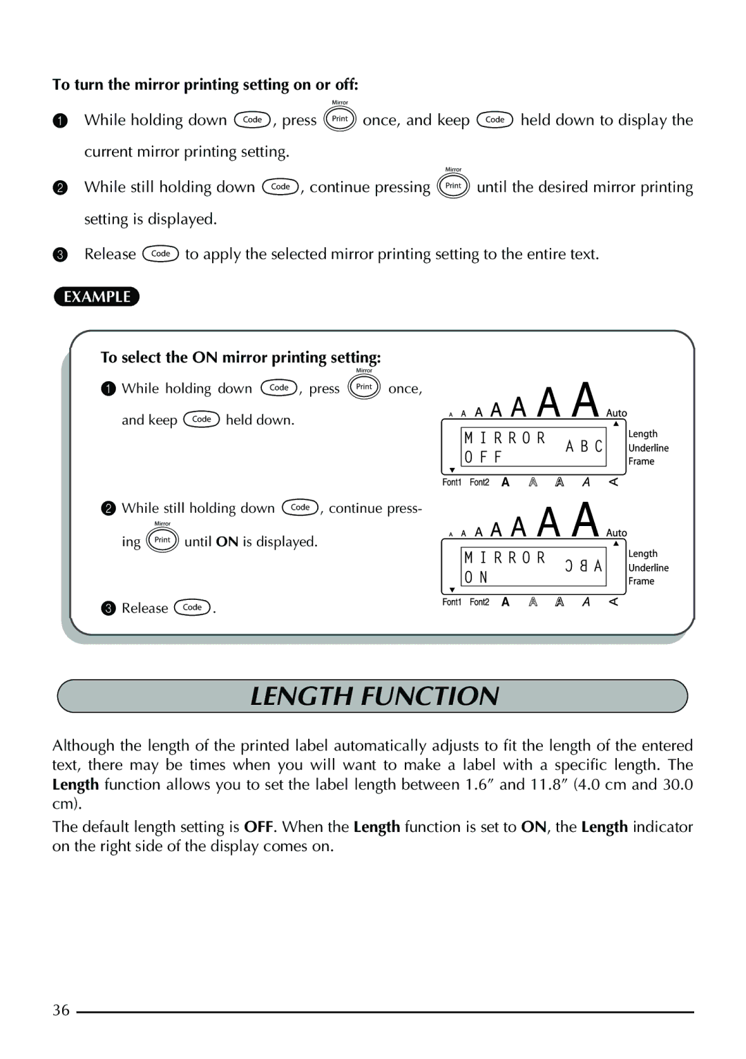 Brother PT-1960 Length Function, To turn the mirror printing setting on or off, To select the on mirror printing setting 