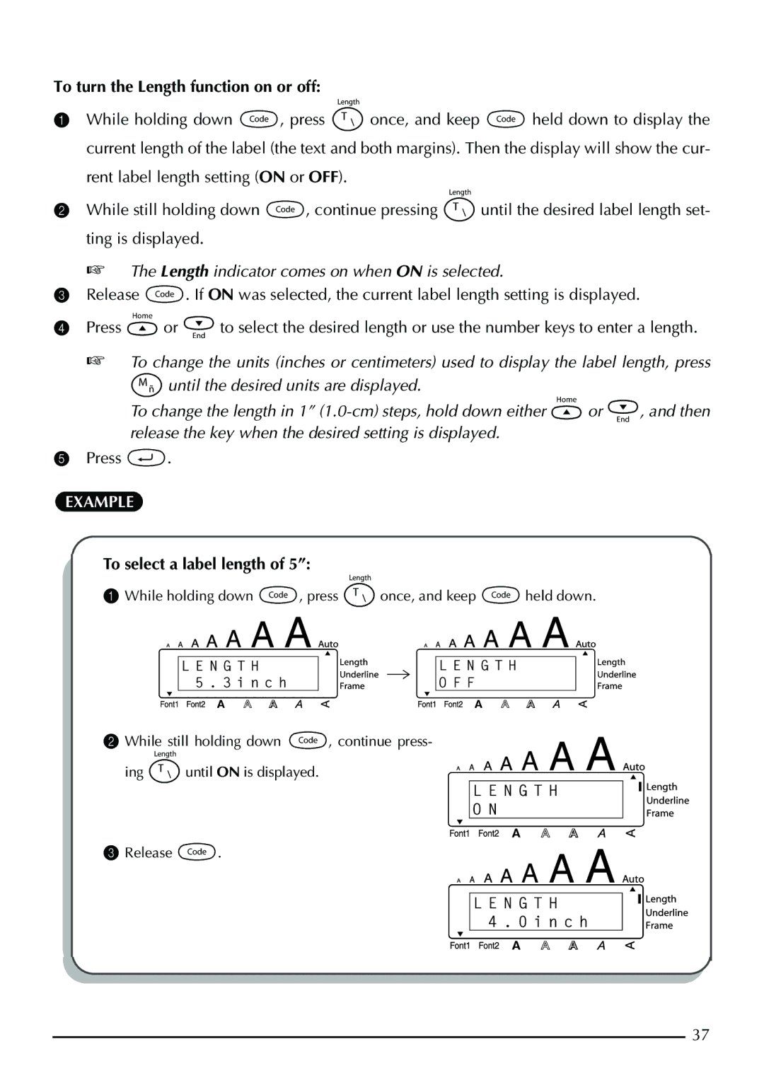 Brother PT-1950, PT-1960 manual To turn the Length function on or off, To select a label length 